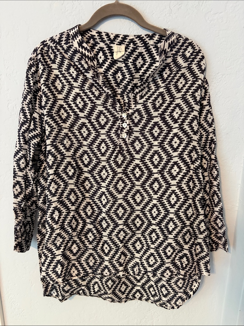 Yala Navy & White Geometric Henley Blouse